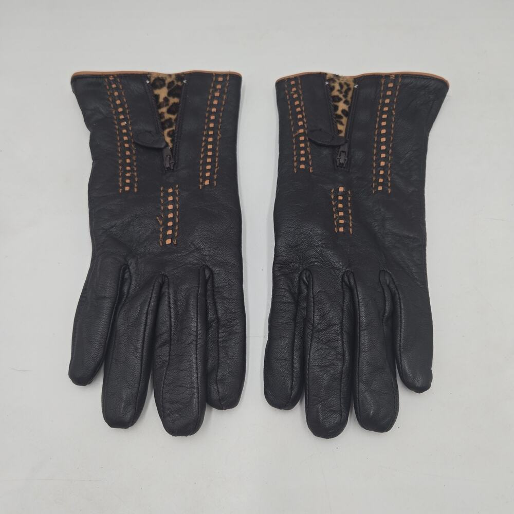Vintage Red Fish Designs Womens Brown Leather Gloves Size M/L Leopard Detail